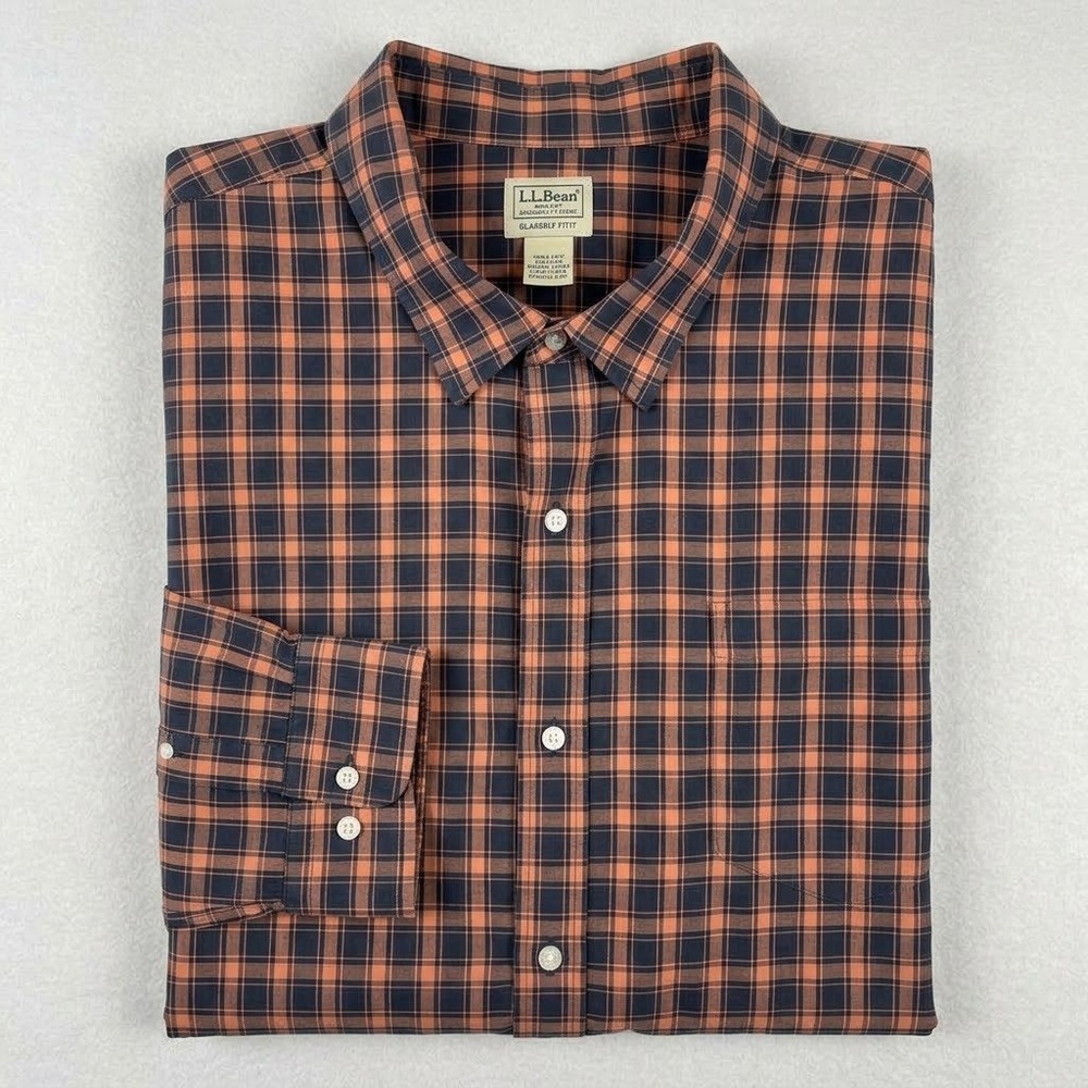 LL Bean Button Down Mens XXXL Regular Orange Navy Plaid Slightly Fitted